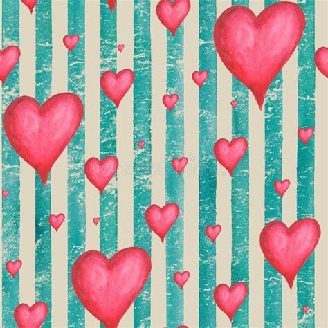 Vintage Background With Watercolor Red Hearts On Teal Turquoise Stripes