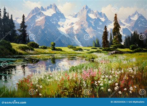 Pristine Alpine Meadow Dotted With Wildflowers Surrounded By Towering