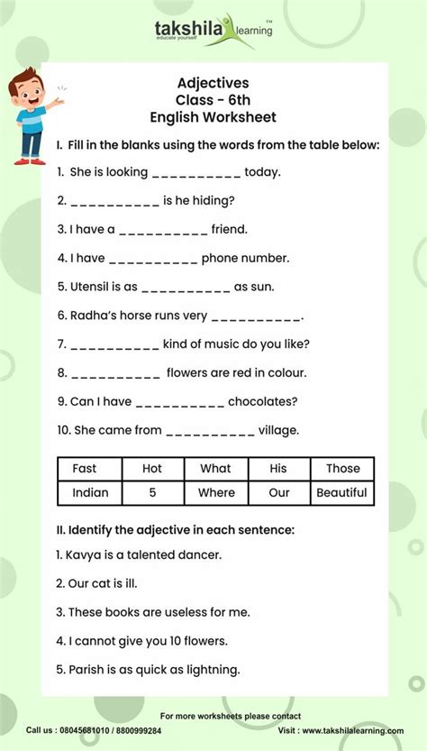 Takshila Learning Adjectives Class 6th English Worksheet I Fill In The