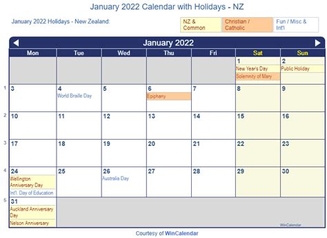 Print Friendly January 2022 New Zealand Calendar For Printing