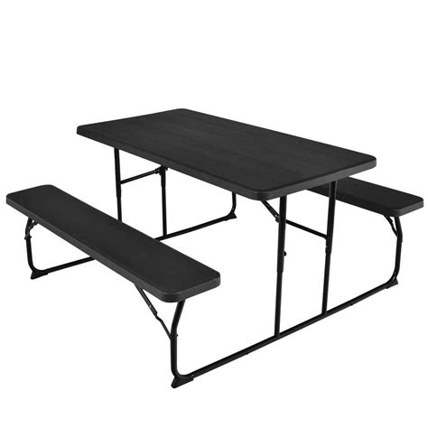 Gymax 54 In Black Rectangle Folding Picnic Table And Bench Set For Camping Bbq Wsteel Frame