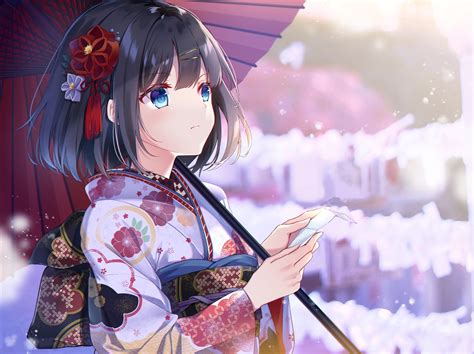 Download 2880x1800 Anime Girl Short Black Hair Kimono Blue Eyes