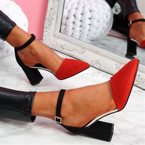 Womens Ladies Ankle Strap Two Tone High Block Heels Pointed Toe Women