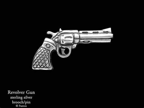 Revolver Pistol Brooch Pin In Sterling Silver Hand Carved