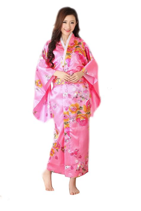 Sexy Women Vintage Pink Flower Japan Party Costume Kimono With Obi Yukata Bath Robe Traditional