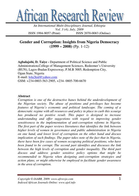 Pdf Gender And Corruption Insights From Nigeria Democracy 1999 2008