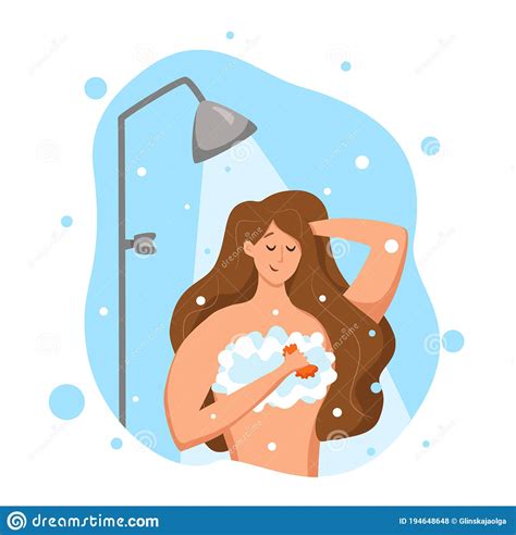 Woman Taking Shower In Bathroom Vector Illustration Of Happy Girl
