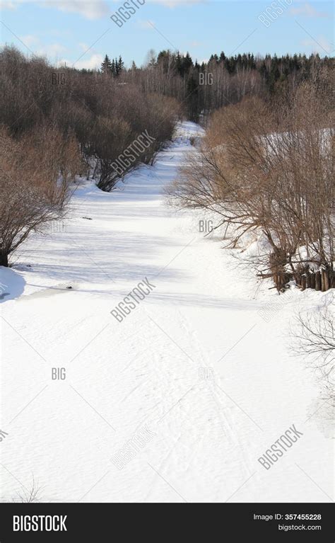 Snowy Road Between Image And Photo Free Trial Bigstock