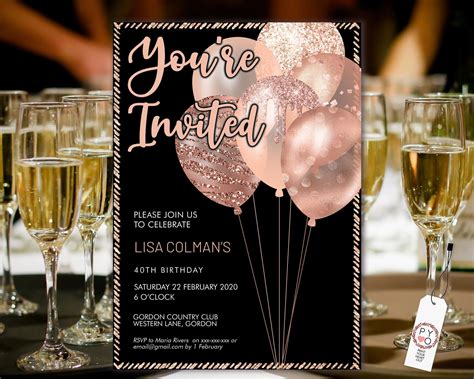 Rose Gold Birthday Balloons Invitation Printable Template Etsy
