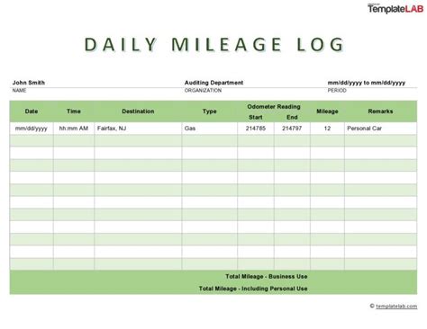 Printable Mileage Log Templates Free Templatelab