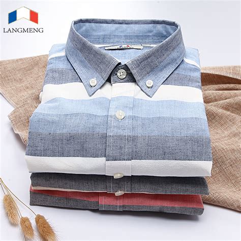 Langmeng 2017 New Arrival 100 Cotton Striped Casual Shirt Long Sleeve
