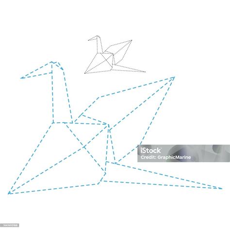 Set Of Origami Crane Vector Outline Dashed Illustration Isolated On