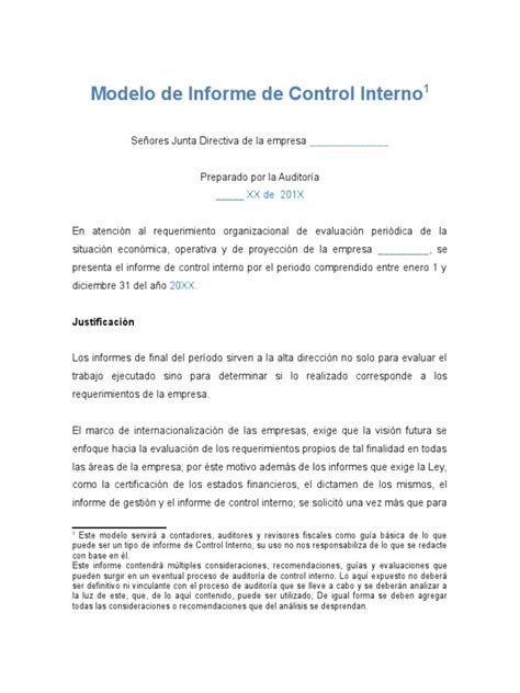 Modelo Informe Control Interno Contabilidad Auditoría Financiera