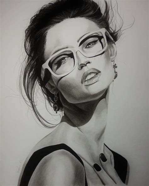 Girl In Glasses Etsy Girls With Glasses Charcoal Portrait Drawing