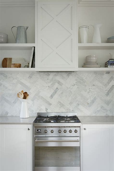 Hamptons Style Kitchen Herringbone Tile Kitchen By Kyal And Kara The