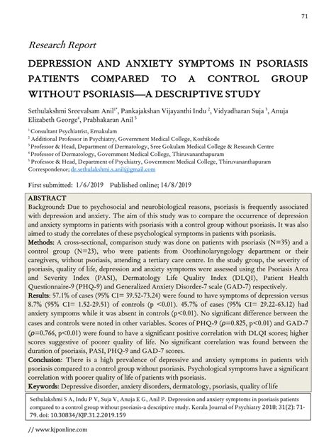 PDF Depression And Anxiety Symptoms In Psoriasis Patients Compared To