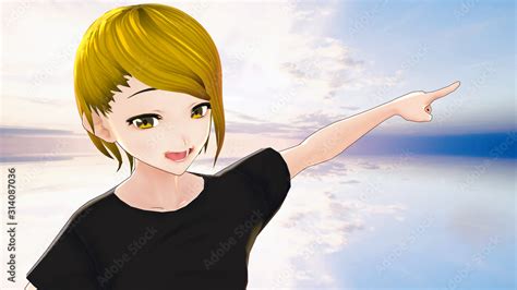 Anime Girl Cartoon Character Pointing Finger With Left Hand Blonde Hair