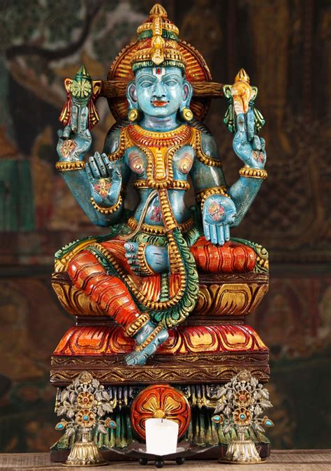 Sold Wood Blue Vishnu With Chakras On Palms Carved Wood Wall Art