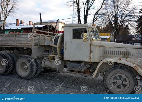 Old Soviet Truck Kraz 221 Standing In The Street A Fragment Editorial