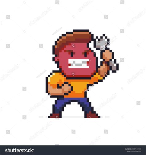 Pixel Art Angry Male Character Mechanic With Red Face Holding Wrench