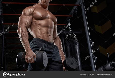 Muscular Man Working Out Gym Doing Exercises Strong Male Naked Stock
