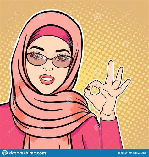 Pop Art Happy Arab Woman In Hijab Smiling And Showing Ok Sign