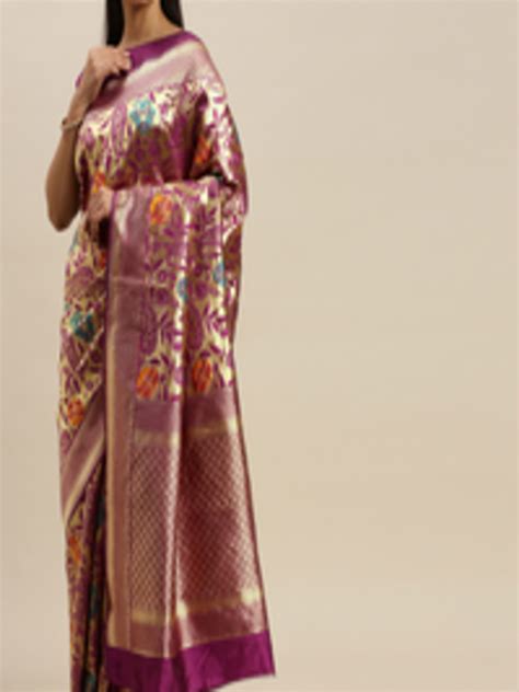 Buy Mitera Magenta Pink And Gold Toned Silk Blend Woven Design Banarasi