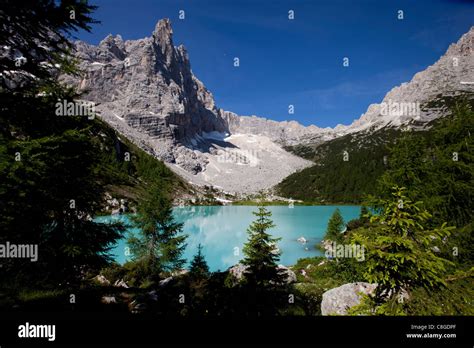 Glacial Sorapiss Lake And Gods Finger Mountain In The Background