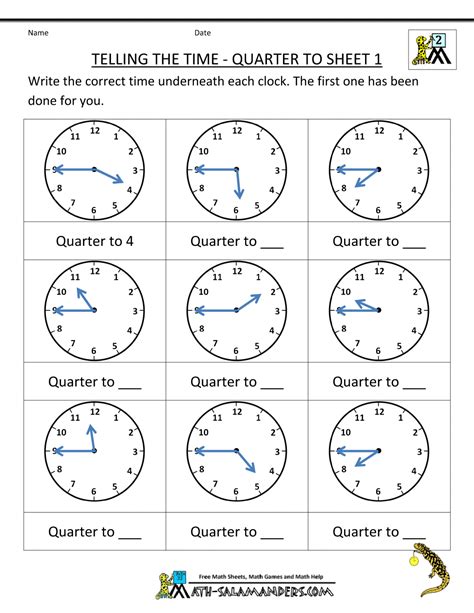 Telling Time Worksheets Telling The Time Quarter To 1 Clock
