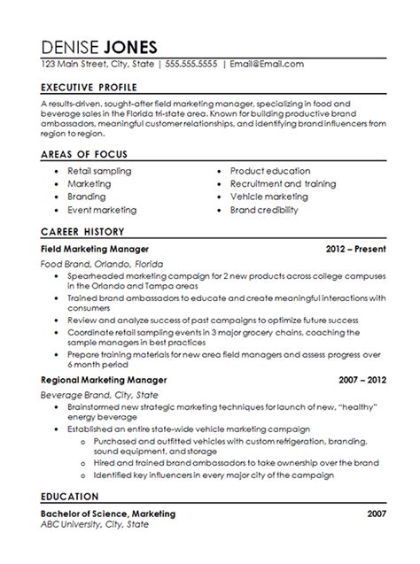 Construction, manufacturing, healthcare, non profit. Regional Marketing Resume Example - Field Marketing, Food, Beverage