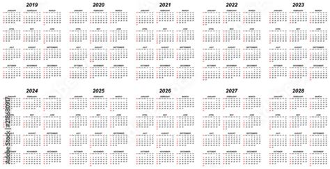 Ten Years Simple Editable Vector Calendars For Year 2019 2020 2021
