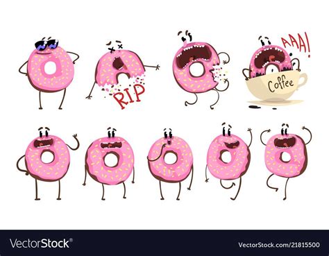 Funny Pink Donut Cartoon Character Set Cute Doughnut With Different