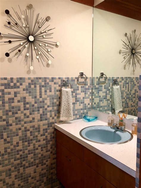 Romantic bathroom idea for small bathroom. Mosaic bathroom tiles - 3 unique designs in Kim's 1962 house