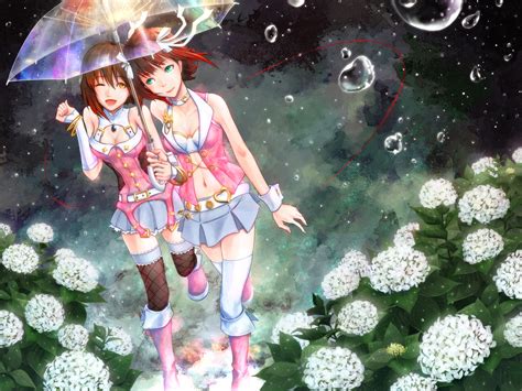 2girls Amami Haruka Boots Breasts Bubbles Cleavage Flowers George