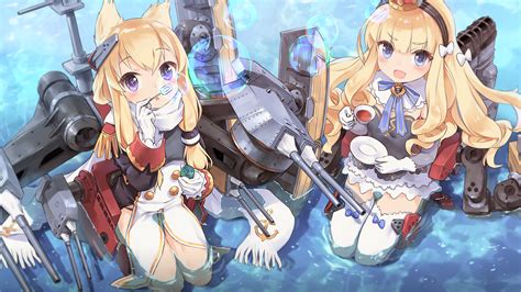 2girls Animal Ears Anthropomorphism Azur Lane Blonde Hair Bow Bubbles