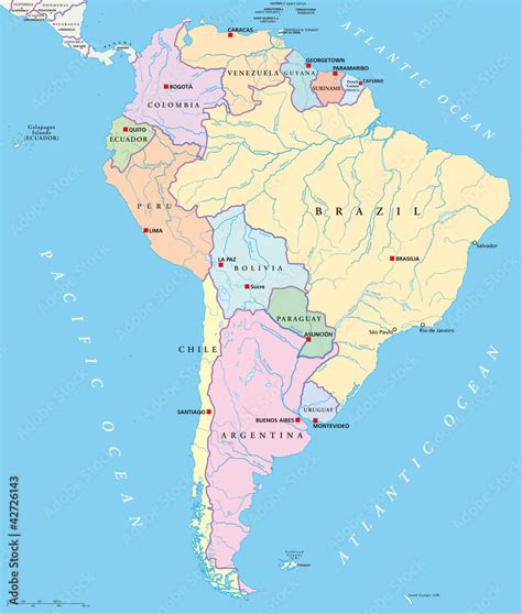 Plakat South America Political Map With Single States Capitals