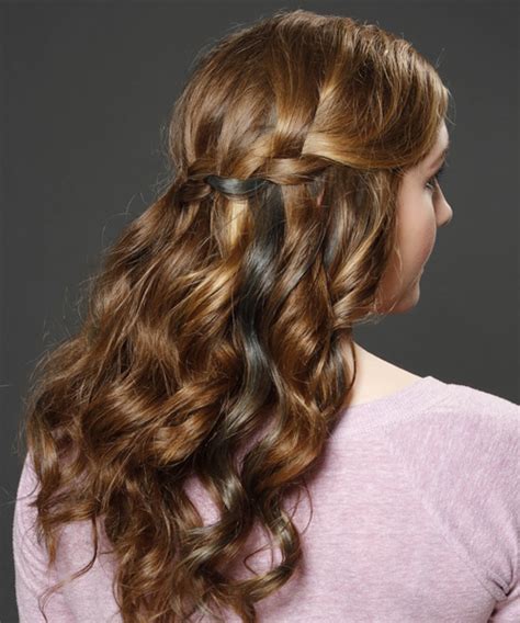 If you have bangs or want to leave out some tendrils to frame your face, you can do that now. Long Curly Formal Half Up Hairstyle - Caramel Brunette ...