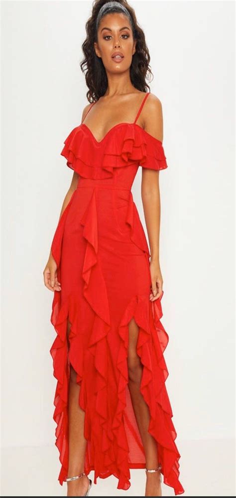 Pretty Little Thing Dress Red Dress Maxi Red Ruffle Dress Dress