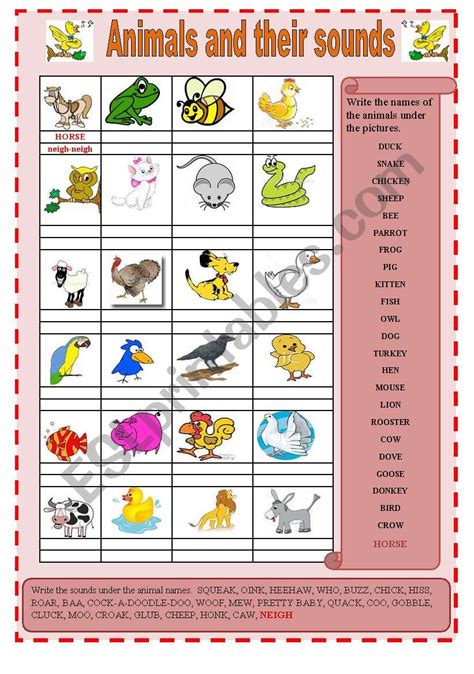 Animals And Their Sounds Editable Esl Worksheet By