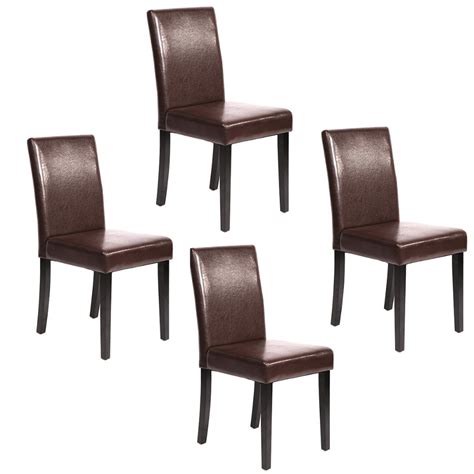 Set of 4 Brown Leather Contemporary Elegant Design Dining Chairs Home