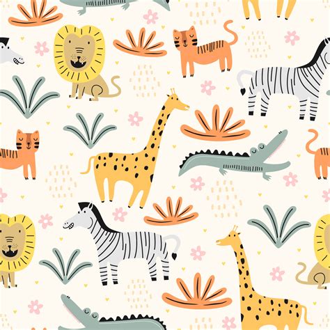 Seamless Pattern With Cute Wild Animals Childish Animals Zoo With Lion