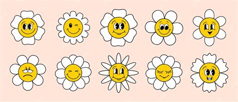 Premium Vector | Set of groovy flowers emoticons emoji retro groove