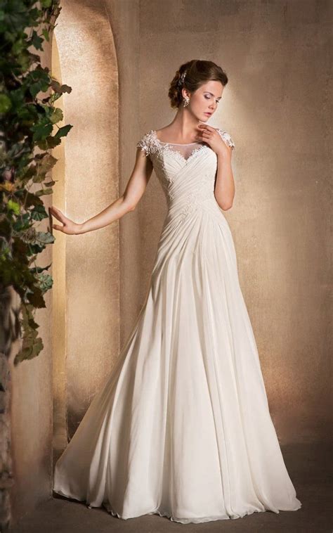 A Line Long Scoop Neck Cap Sleeve Lace Up Chiffon Dress With Ruching And Appliques Wedding
