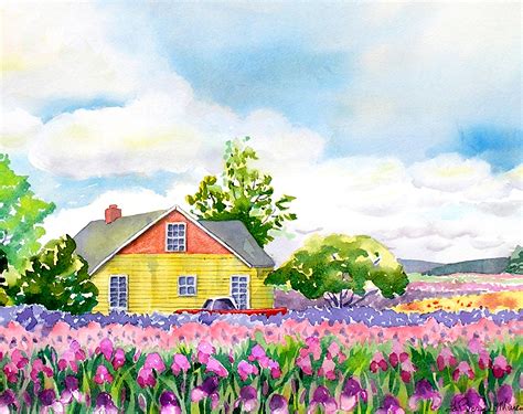 Landscape Art Print Farm Landscape Watercolor Floral