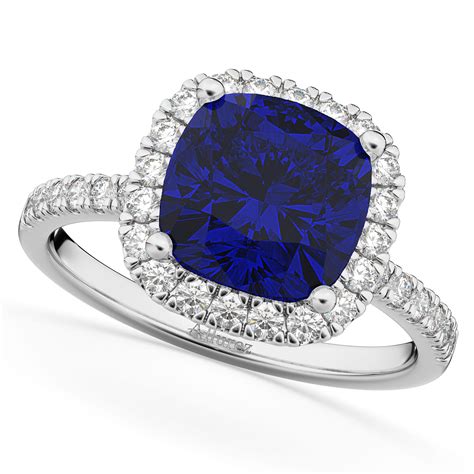 Cushion Cut Halo Blue Sapphire And Diamond Engagement Ring 14k White Gold