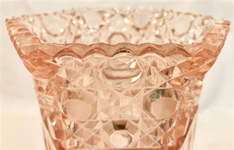 Blush Pink Depression Cut Glass Vase With Floral Tic Tac Toe Pattern And Ruffle Edging