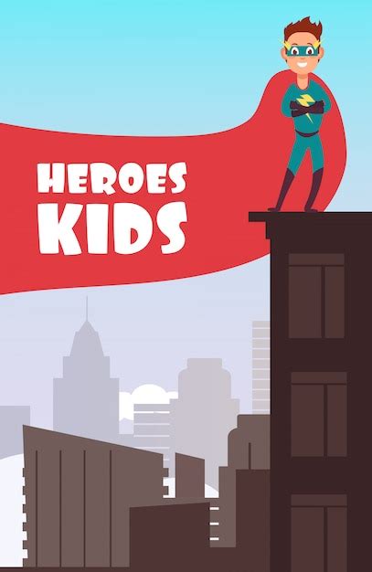 Premium Vector Boy Superhero With Red Cloak Over The City Buildings