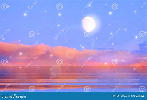 Moon And Stars At Sea Pink Reflection Lilac Sunset Reflection On Sea