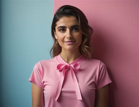 premium ai image a woman with blonde hair wearing a pink shirt with a bow on it