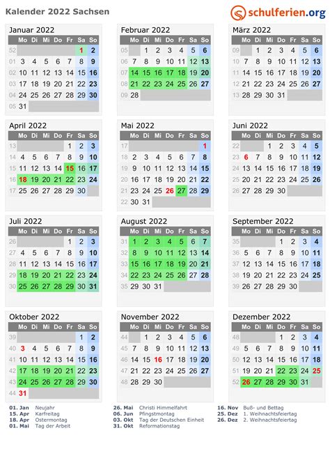 Kalender 2022 Ferien Sachsen Feiertage